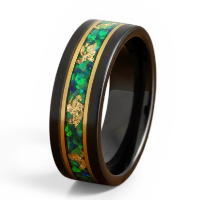 Black Tungsten Wedding Band for Men – Green Opal Inlay with Gold Foil – 8mm Polished Comfort Fit Ring
