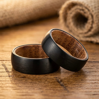 Whiskey Barrel Ring with Wood Liner - Brushed Black Comfort Fit Band