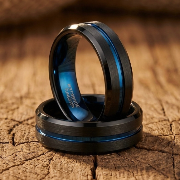 Men's Black Brushed Tungsten Wedding Band with Blue Groove & Interior – Comfort Fit – 6mm, 8mm and 10mm