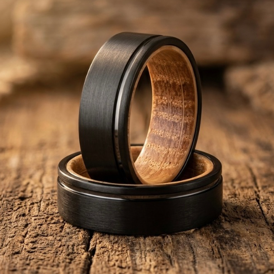 Black Tungsten Ring with Natural Wood Inlay – Men’s Wedding Band