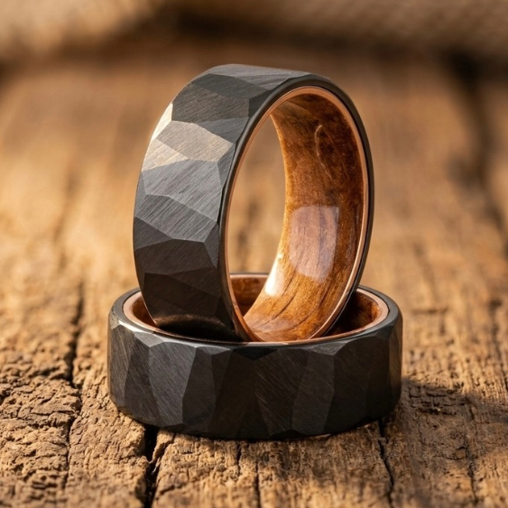 Whiskey Barrel Wood & Hammered Black Tungsten Wedding Band – Rustic Men’s Ring
