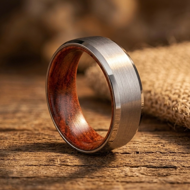 Men's Brushed Tungsten Wedding Band with Whiskey Barrel Wood Inlay 8mm
