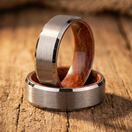 Men's Brushed Tungsten Wedding Band with Whiskey Barrel Wood Inlay 8mm