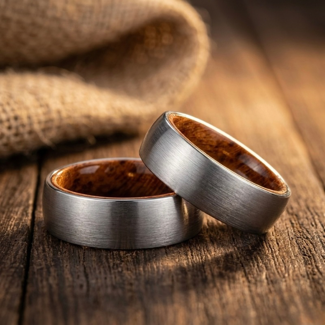 Whiskey Barrel & Brushed Tungsten Ring - Rugged Wedding Band