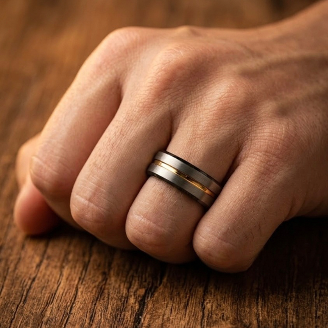 Tungsten Wedding Band – Silver Brushed Black & Gold Stripe Ring – Scratch Resistant Comfort Fit 8mm