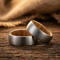 Rustic Oak Wood Whiskey Barrel Ring in Brushed Tungsten - Unique Engagement Band