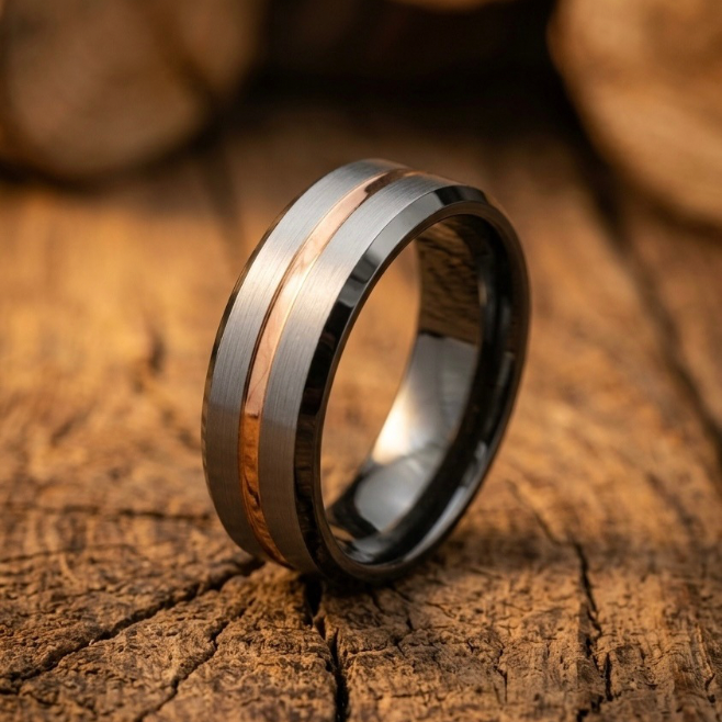 Tungsten Wedding Band – Silver Brushed Black & Gold Stripe Ring – Scratch Resistant Comfort Fit 8mm