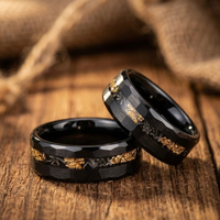 Black Tungsten Meteorite Ring with Gold Leaf Inlay – Faceted Men’s Wedding Band – Unique Space Inspired Jewelry