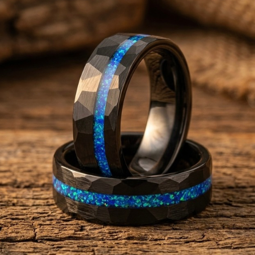 Hammered Black Tungsten Carbide Ring with Blue Opal Inlay – 8mm Men’s Wedding Band