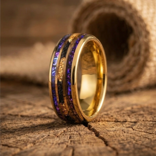 Gold Tungsten Galaxy Ring with Purple Opal & Gold Flake Inlay - 8mm Men’s Wedding Band