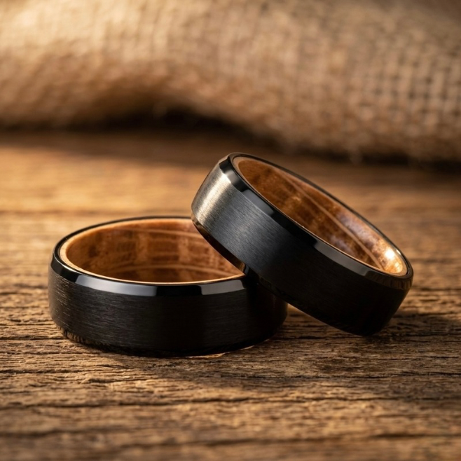 Black Whiskey Barrel Ring with Authentic Oak Wood Inlay – Men’s Wedding Band