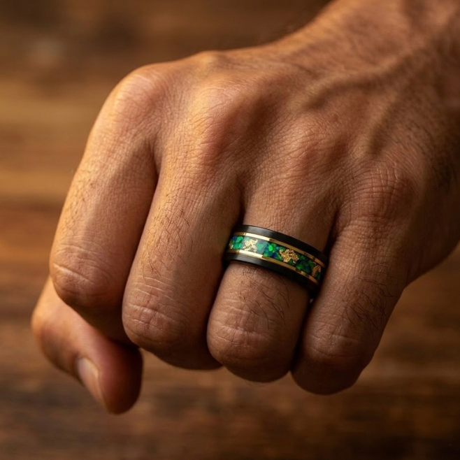 Black Tungsten Wedding Band for Men – Green Opal Inlay with Gold Foil – 8mm Polished Comfort Fit Ring