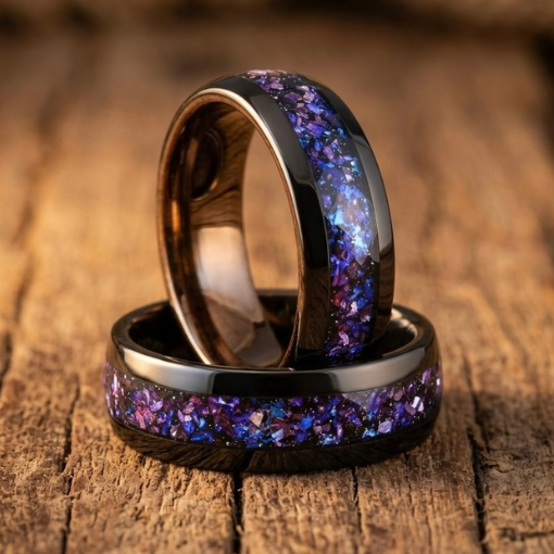 Black Tungsten Ring with Purple Opal Inlay – Mens & Womens Wedding Band – Galaxy Opal Crushed Stone Band – Comfort Fit Promise Ring