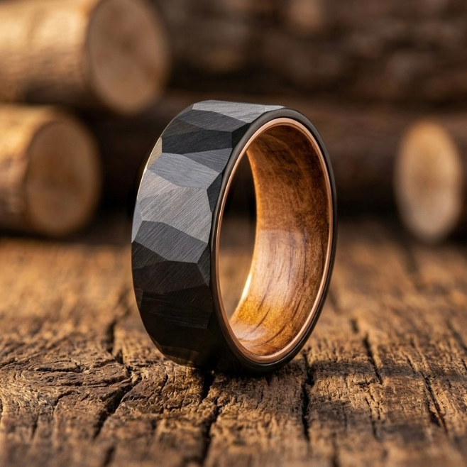 Whiskey Barrel Wood & Hammered Black Tungsten Wedding Band – Rustic Men’s Ring