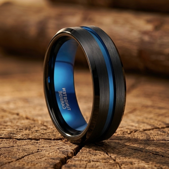 Men's Black Brushed Tungsten Wedding Band with Blue Groove & Interior – Comfort Fit – 6mm, 8mm and 10mm