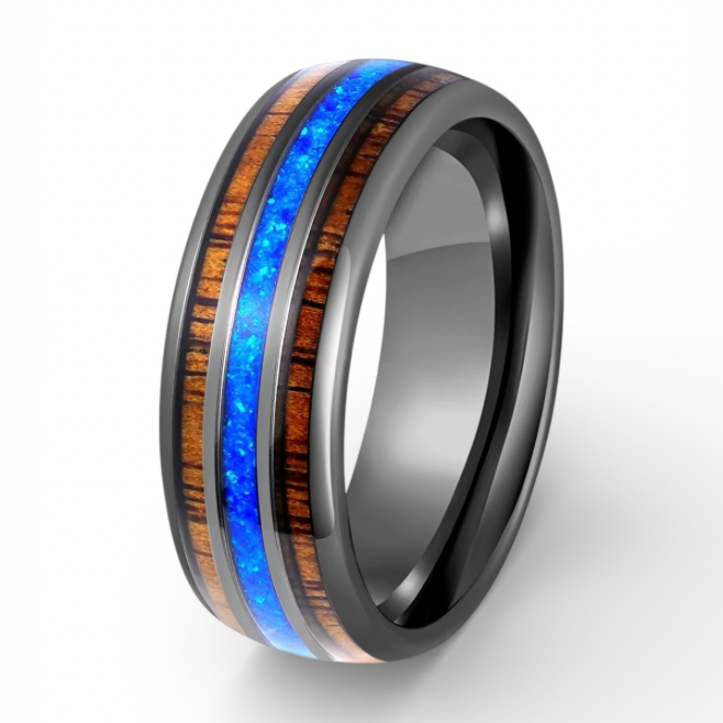 Blue Opal & Whiskey Barrel Wood Tungsten Wedding Band (8mm)