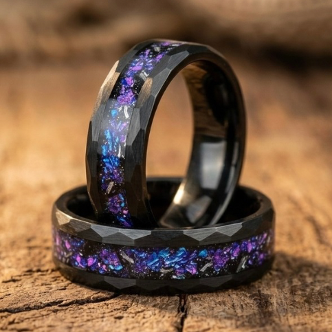 Black Tungsten Meteorite Ring – Blue Nebula Opal Ring – Galaxy Wedding Band