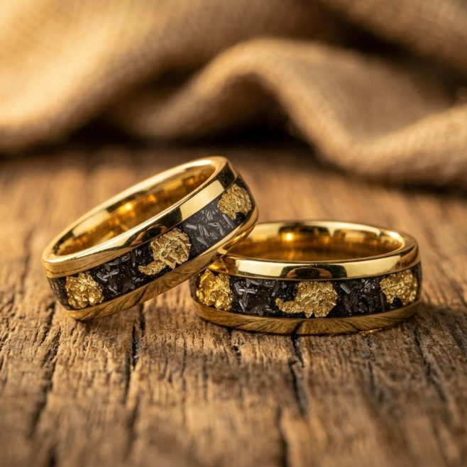 Men’s Gold Leaf & Black Onyx Wedding Band – Textured Yellow Gold Ring – Luxury Comfort Fit Statement Band