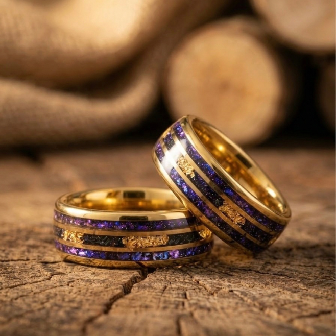 Gold Tungsten Galaxy Ring with Purple Opal & Gold Flake Inlay - 8mm Men’s Wedding Band