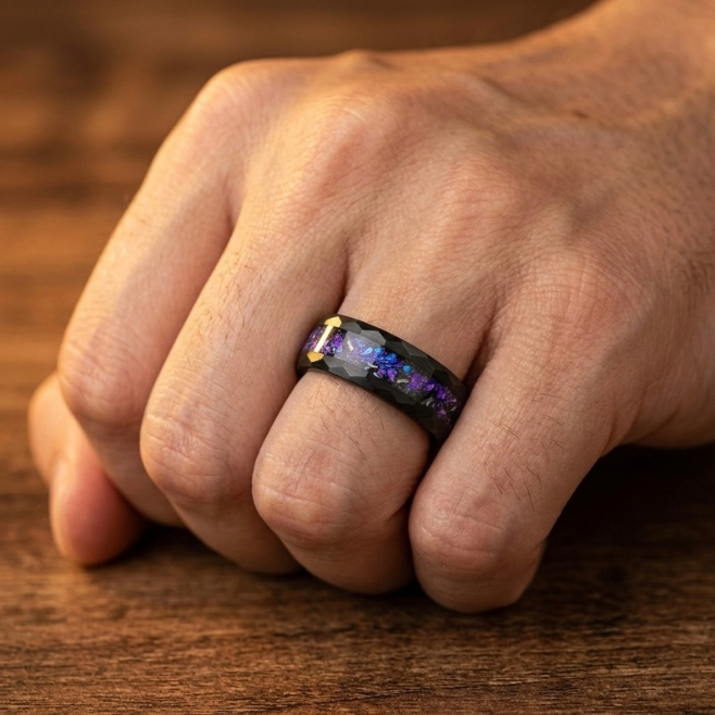 Black Tungsten Meteorite Ring – Blue Nebula Opal Ring – Galaxy Wedding Band