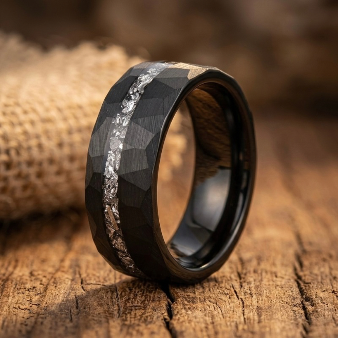 Mens Hammered Black Tungsten Ring with Meteorite Inlay - 8mm Wedding Band