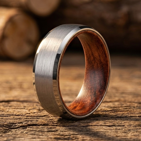 Men's Brushed Tungsten Wedding Band with Whiskey Barrel Wood Inlay 8mm