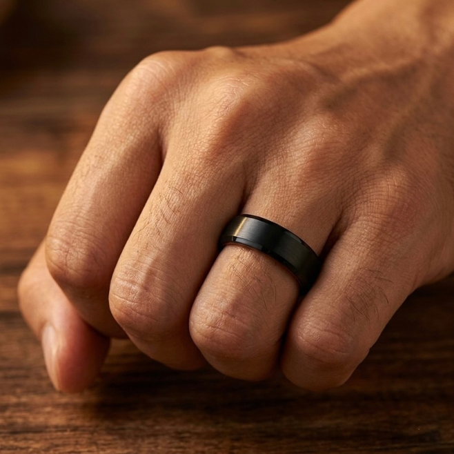 Black Tungsten Ring with Rosewood Inner Sleeve - Whiskey Barrel Wedding Band for Men