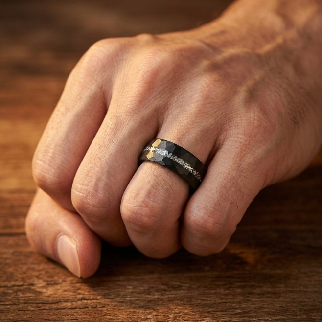Mens Hammered Black Tungsten Ring with Meteorite Inlay - 8mm Wedding Band