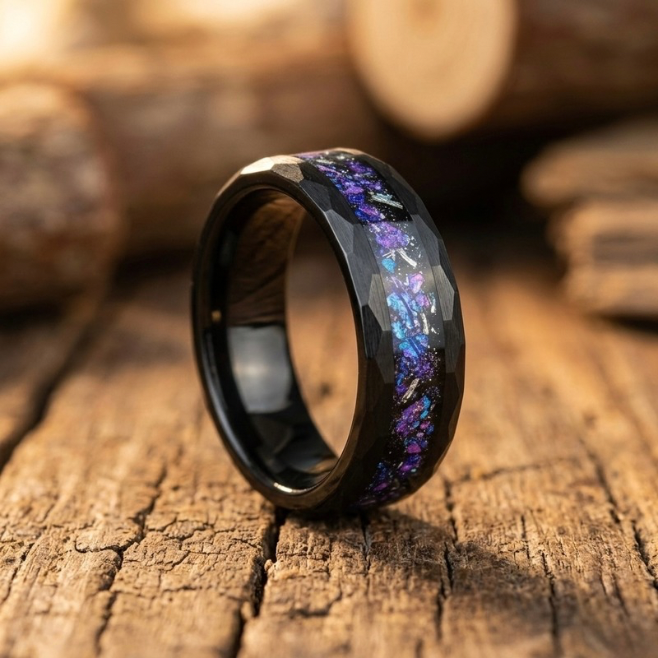 Black Tungsten Meteorite Ring – Blue Nebula Opal Ring – Galaxy Wedding Band