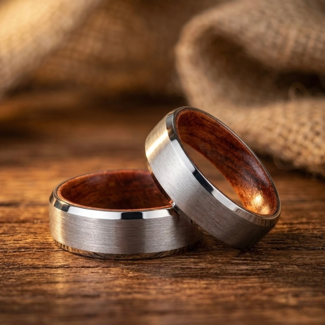 Men's Brushed Tungsten Wedding Band with Whiskey Barrel Wood Inlay 8mm