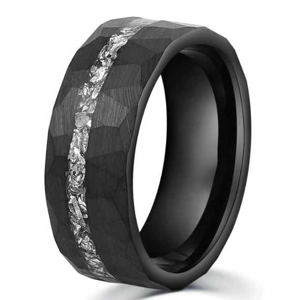 Mens Hammered Black Tungsten Ring with Meteorite Inlay - 8mm Wedding Band