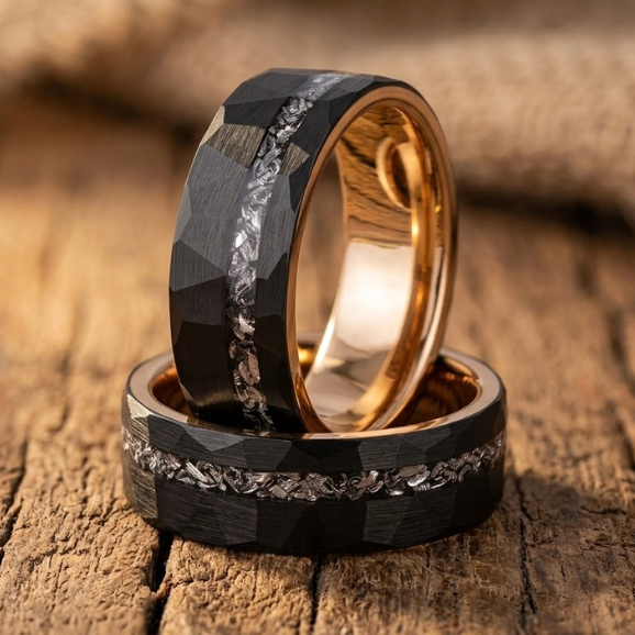 Tungsten Meteorite Ring with Rose Gold Interior – Black Faceted Wedding Band