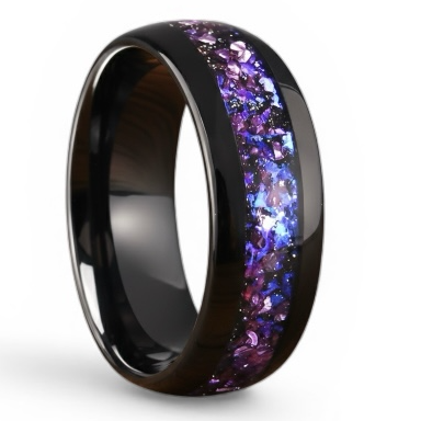 Black Tungsten Ring with Purple Opal Inlay – Mens & Womens Wedding Band – Galaxy Opal Crushed Stone Band – Comfort Fit Promise Ring