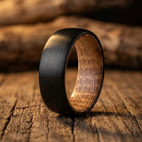 Whiskey Barrel Ring with Wood Liner - Brushed Black Comfort Fit Band