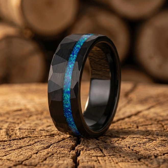 Hammered Black Tungsten Carbide Ring with Blue Opal Inlay – 8mm Men’s Wedding Band