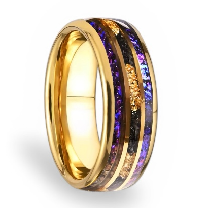 Gold Tungsten Galaxy Ring with Purple Opal & Gold Flake Inlay - 8mm Men’s Wedding Band