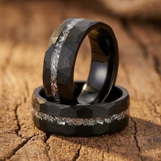 Mens Hammered Black Tungsten Ring with Meteorite Inlay - 8mm Wedding Band