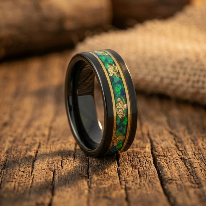 Black Tungsten Wedding Band for Men – Green Opal Inlay with Gold Foil – 8mm Polished Comfort Fit Ring