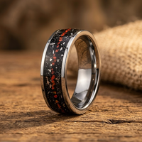 Tungsten Carbide Ring with Meteorite & Red Opal Inlay – Durable Mens Wedding Band, Space Inspired Jewelry