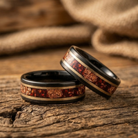 Black Tungsten Carbide Ring with Red Opal Inlay & Gold Foil – Men’s Wedding Band – 8mm Comfort Fit