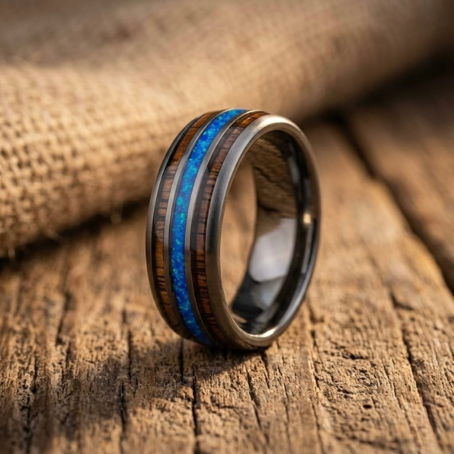 Blue Opal & Whiskey Barrel Wood Tungsten Wedding Band (8mm)