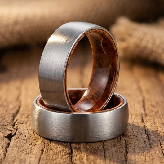 Whiskey Barrel & Brushed Tungsten Ring - Rugged Wedding Band