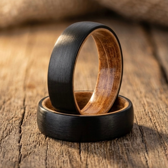 6mm Black Tungsten Whiskey Barrel Wood Promise Ring