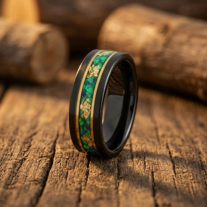 Black Tungsten Wedding Band for Men – Green Opal Inlay with Gold Foil – 8mm Polished Comfort Fit Ring