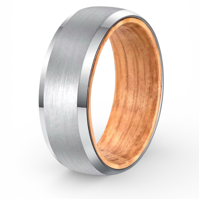 Whiskey Barrel Wood Inlay Ring – Brushed Tungsten Wedding Band
