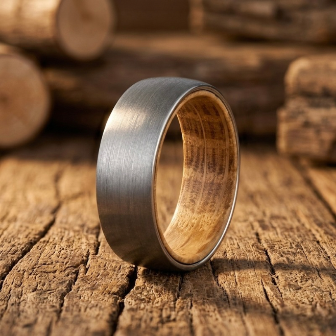 Rustic Oak Wood Whiskey Barrel Ring in Brushed Tungsten - Unique Engagement Band