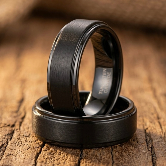 Brushed Black Tungsten Wedding Band - Stepped Edge Comfort Fit 4mm, 6mm, 8mm