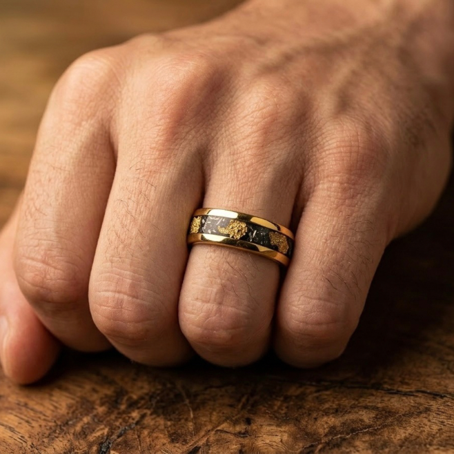 Men’s Gold Leaf & Black Onyx Wedding Band – Textured Yellow Gold Ring – Luxury Comfort Fit Statement Band