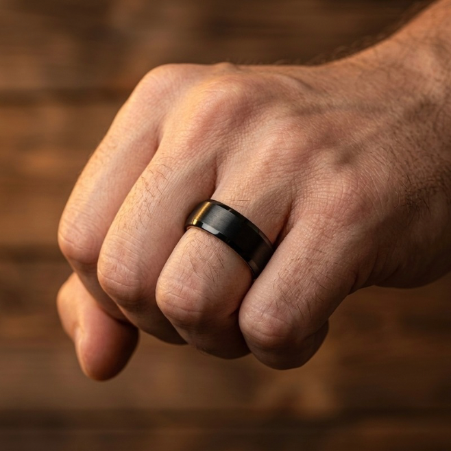 Black Whiskey Barrel Ring with Authentic Oak Wood Inlay – Men’s Wedding Band