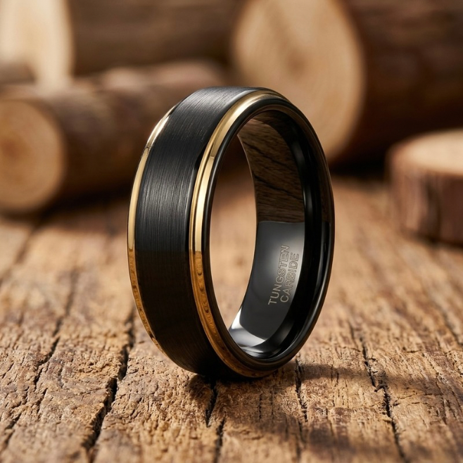 Black Tungsten Carbide Ring with Gold Inlay - Brushed Finish - 6mm 8mm - Wedding Band